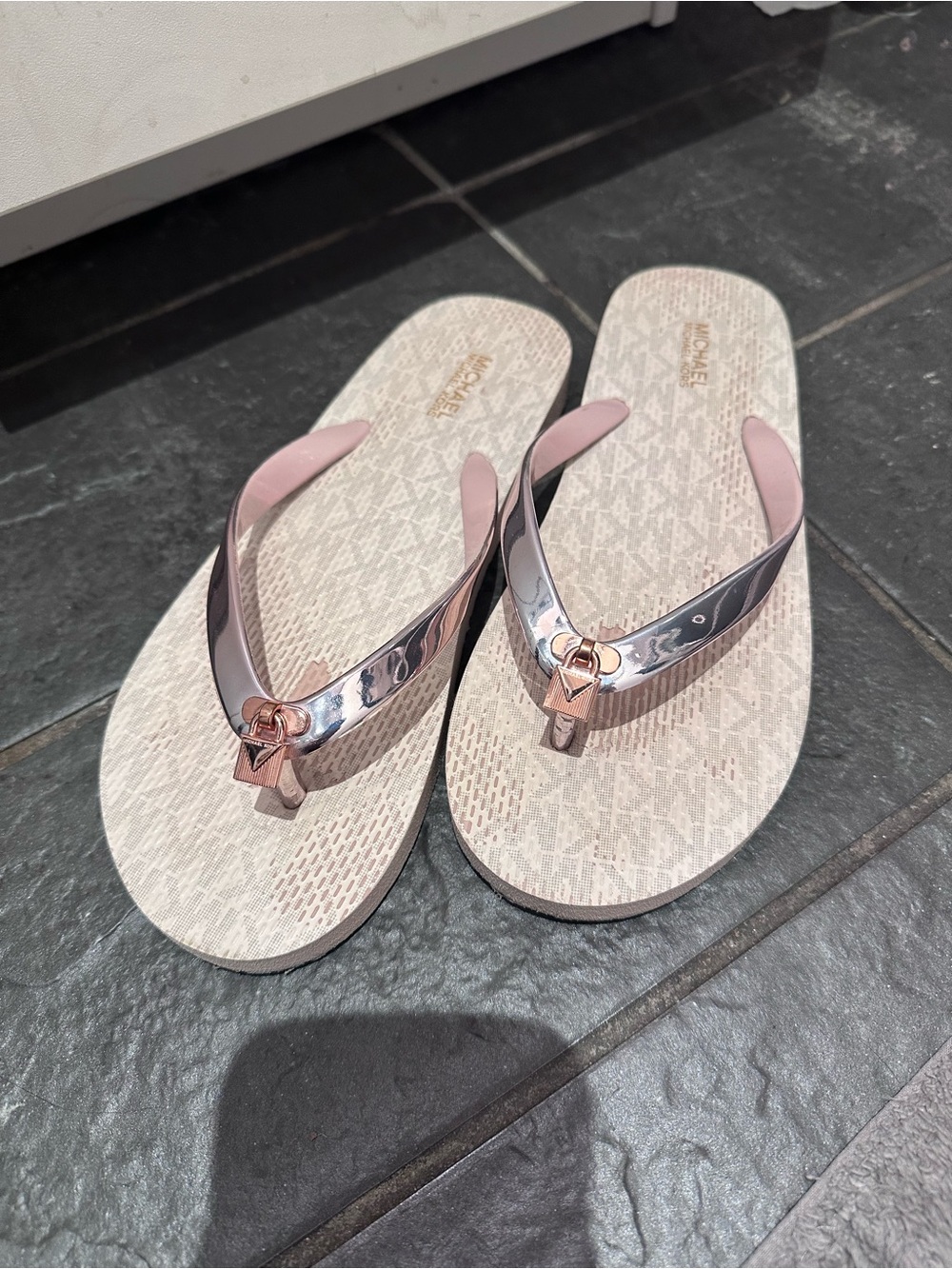 Michael Kors Rose Gold and Blush Logo Flip Flop Sandals